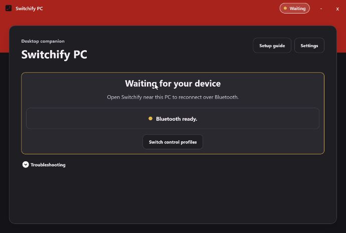 Switchify PC ready for an Android device, with Bluetooth ready and Switch Control profiles available.