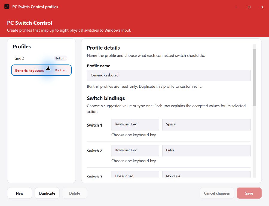 PC Switch Control profile manager with the built-in Grid 3 and Generic keyboard profiles.