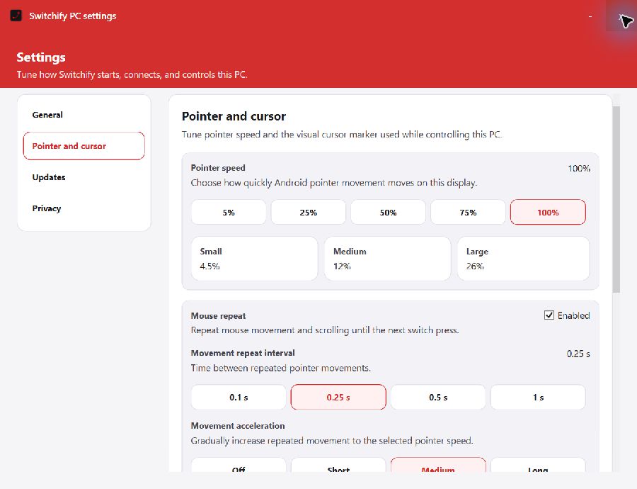 Switchify PC pointer and cursor settings showing speed, repeat, acceleration, and overlay controls.