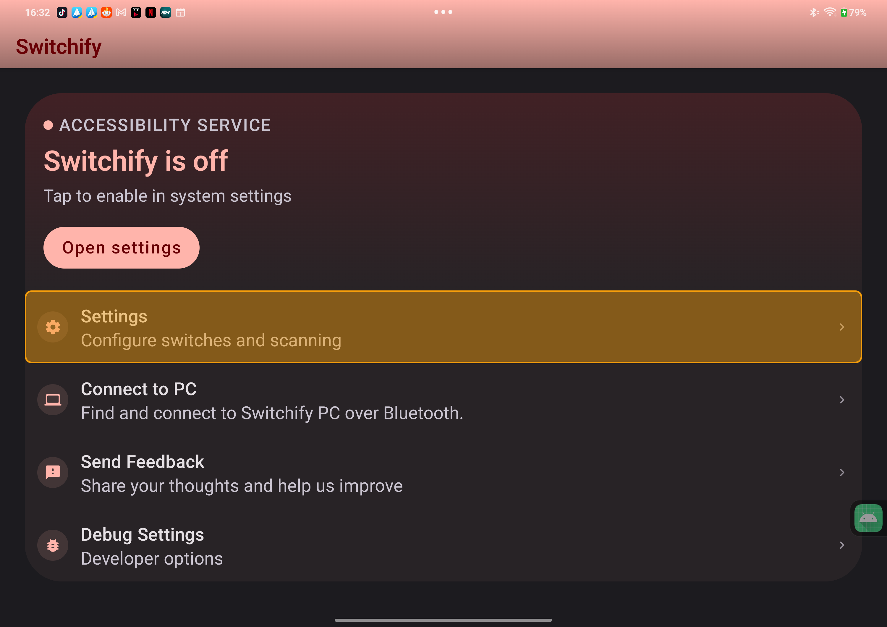 Switchify item scanning highlight around a Settings row.