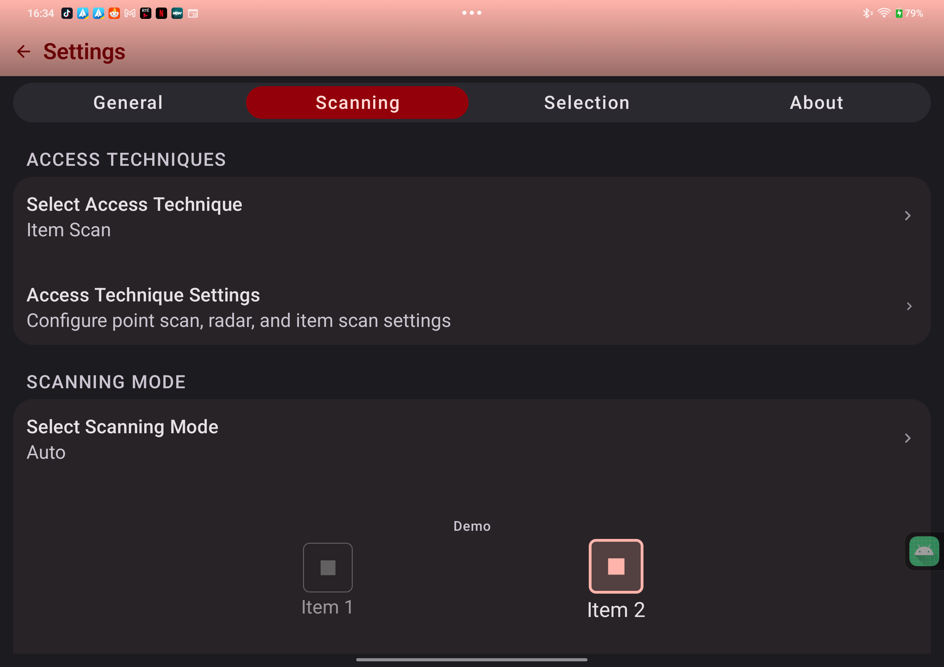 Switchify scanning settings showing item scan, point scan, radar, and a scan demo.