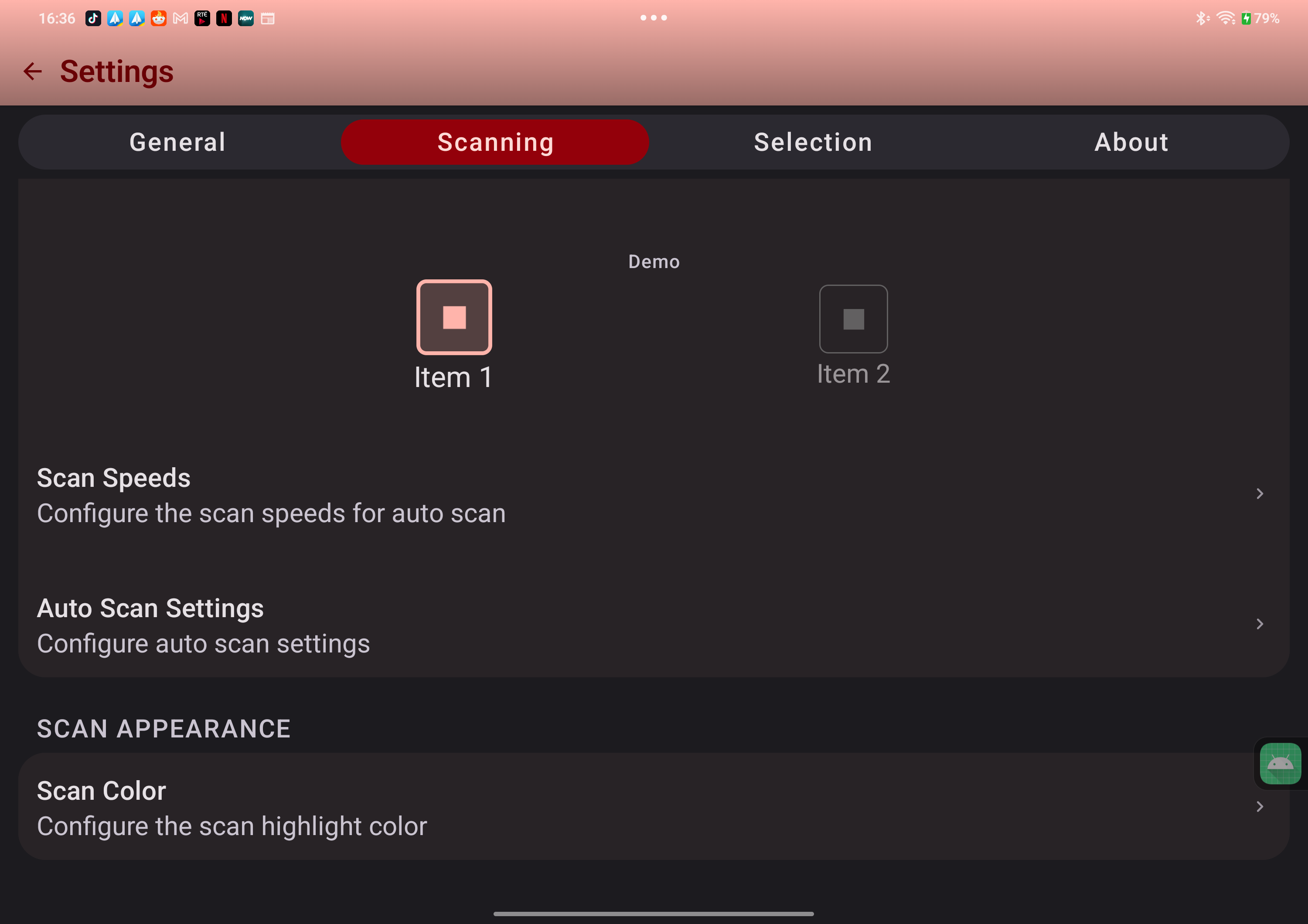 Switchify scan appearance settings showing a highlighted demo target and scan color option.