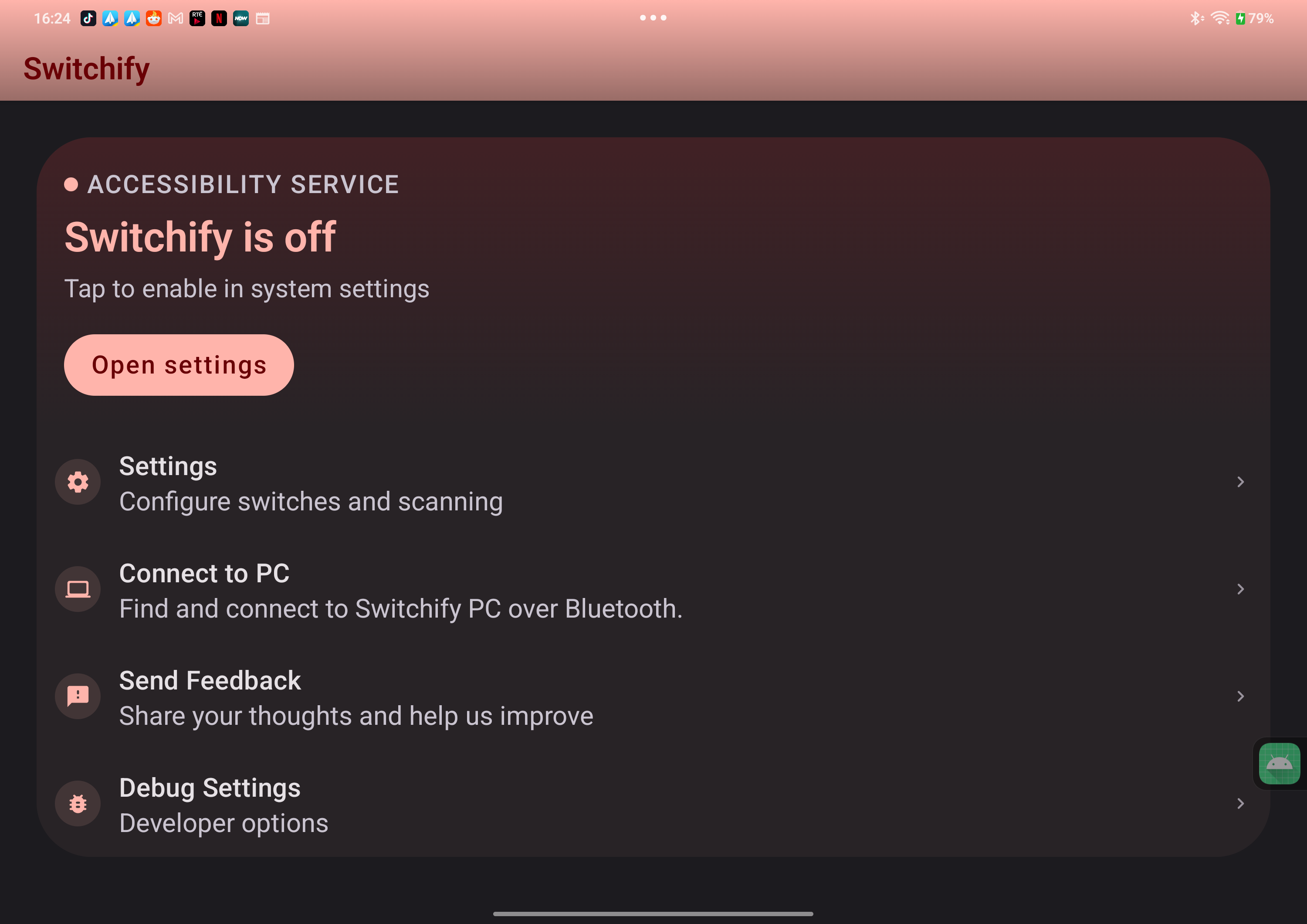 Switchify screen explaining that the accessibility service must be enabled in Android settings.